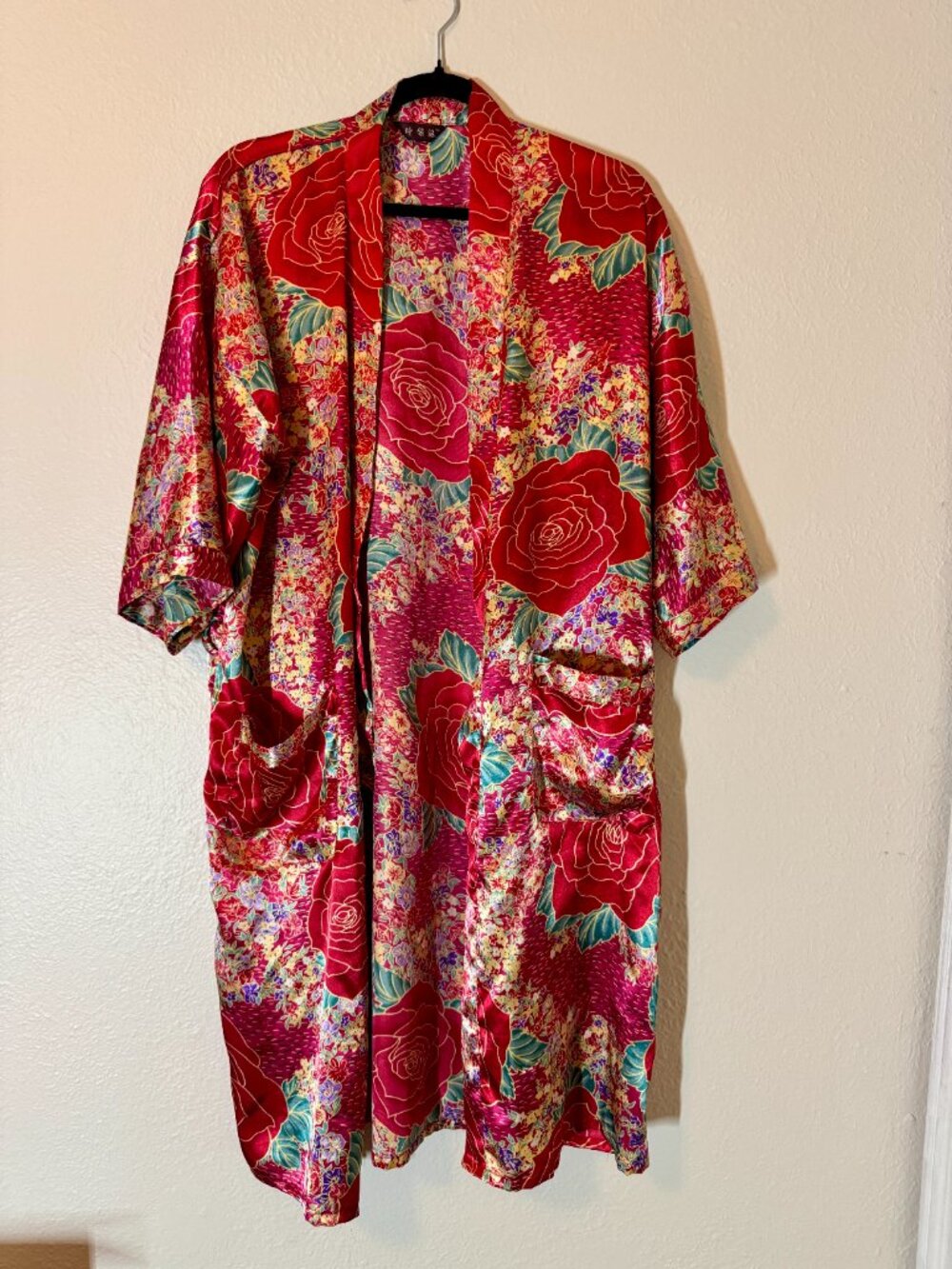 Vintage Red Chinese Longevity Robe Floral Rose Print Size S